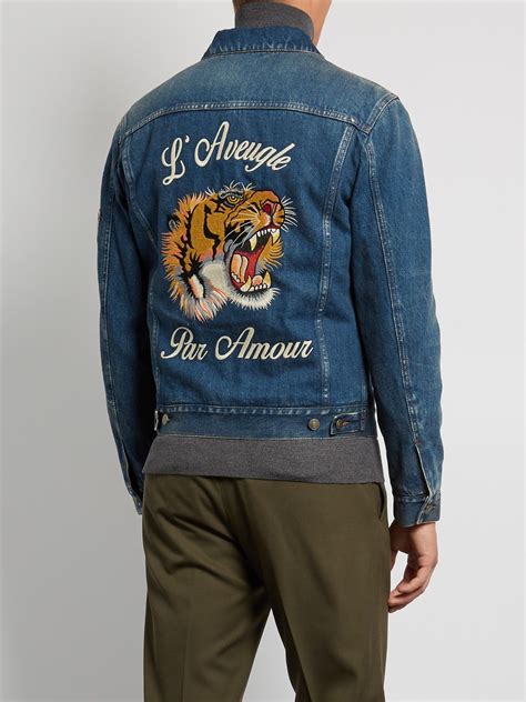 gucci denim jacket tiger price|Gucci denim jacket embroidered rep.